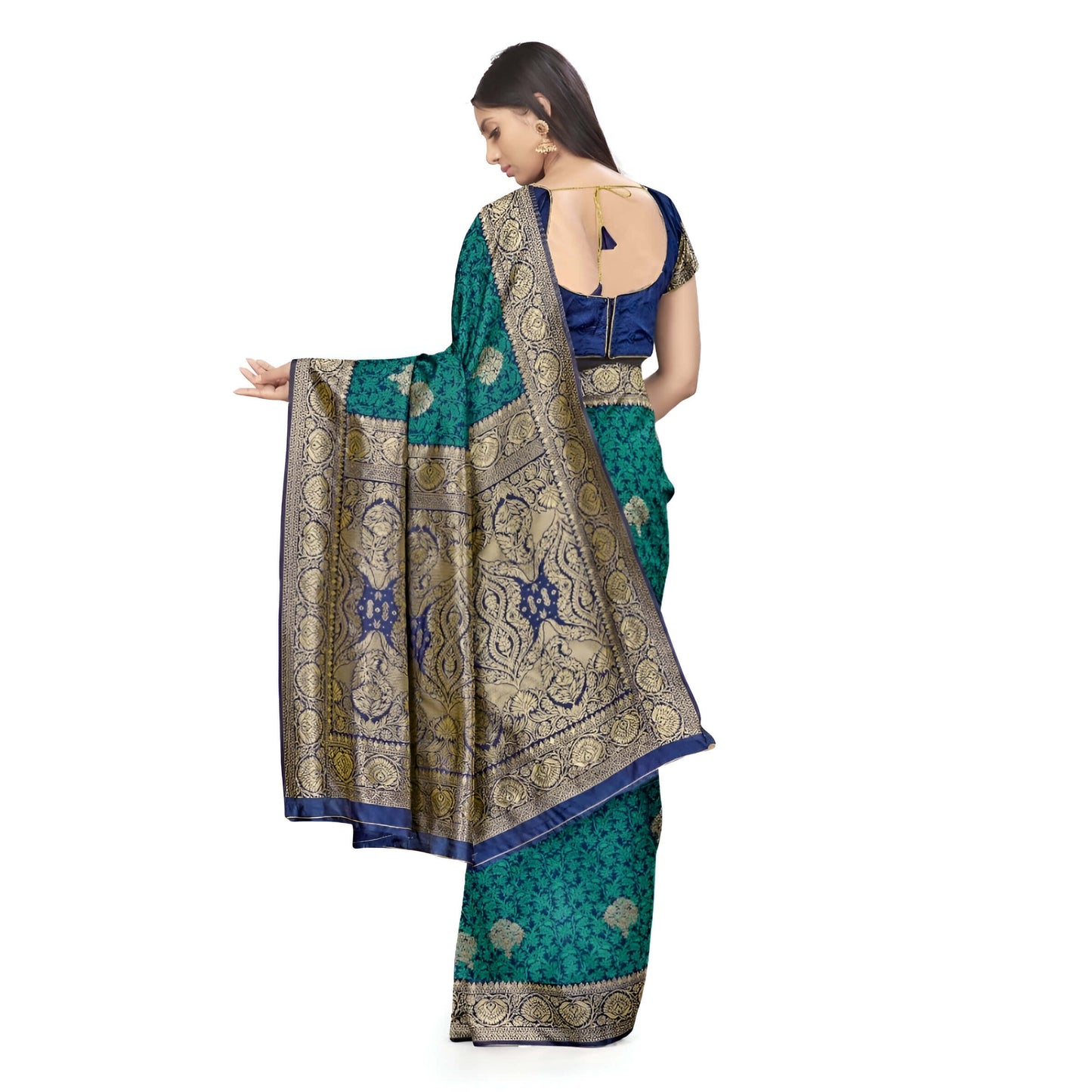 Macro of gold Ramayana-inspired motifs on dual-tone silk