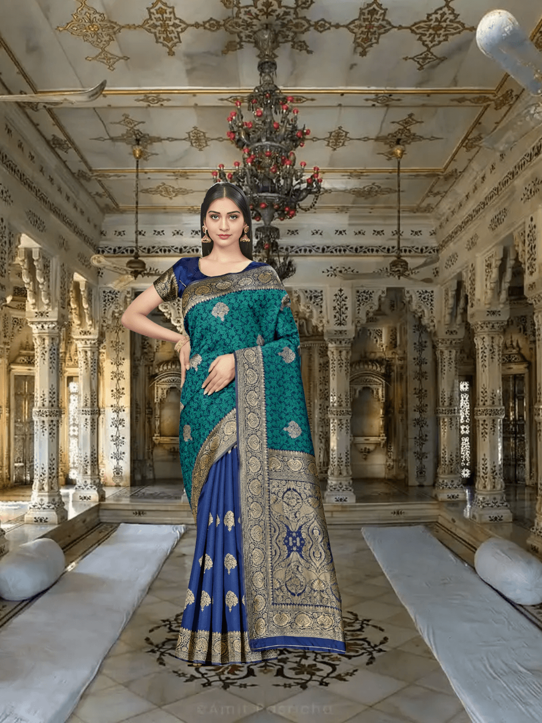 Blue-to-green gradient saree gold borders like lightning