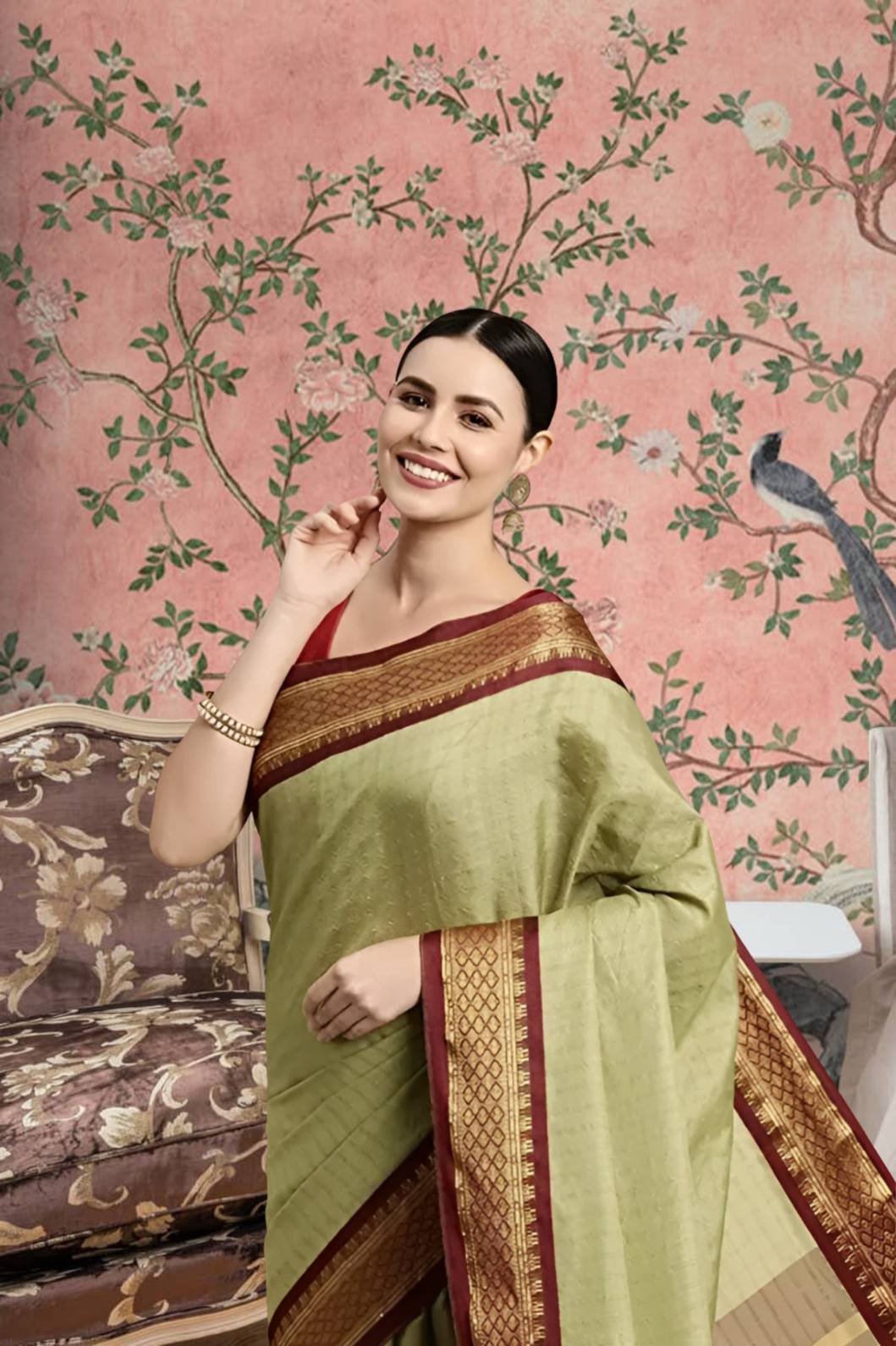 Front view of olive checkered saree in royal indoor setting