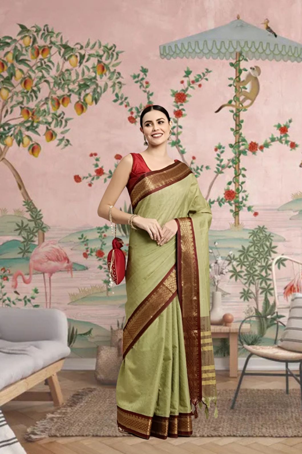 Front view of olive checkered saree in royal indoor setting