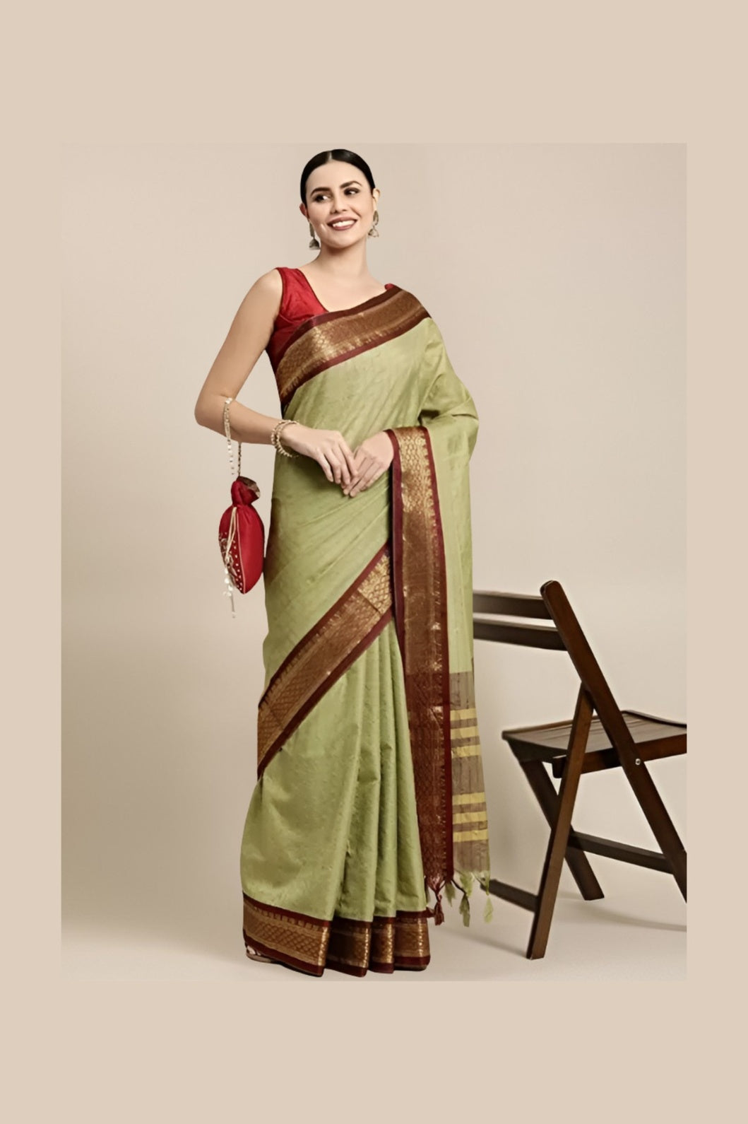Studio front shot of olive checkered saree with blouse