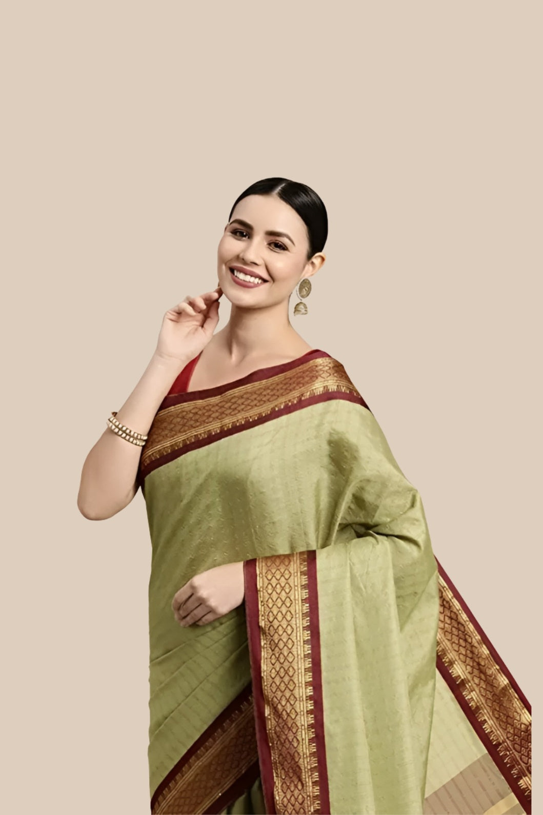 Studio front shot of olive checkered saree with blouse