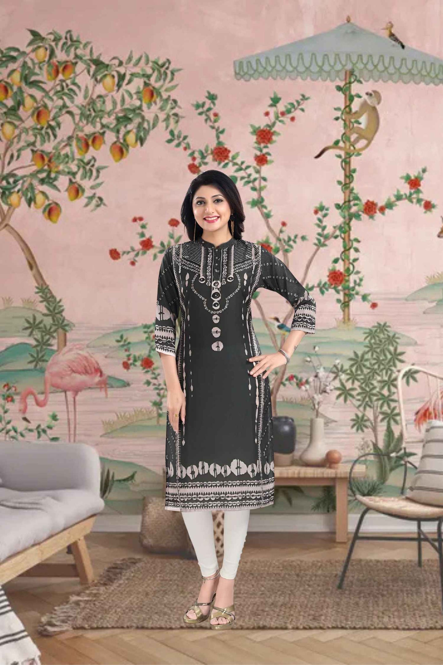 Front view against dense foliage, fabric glowing like sunlight through leaves