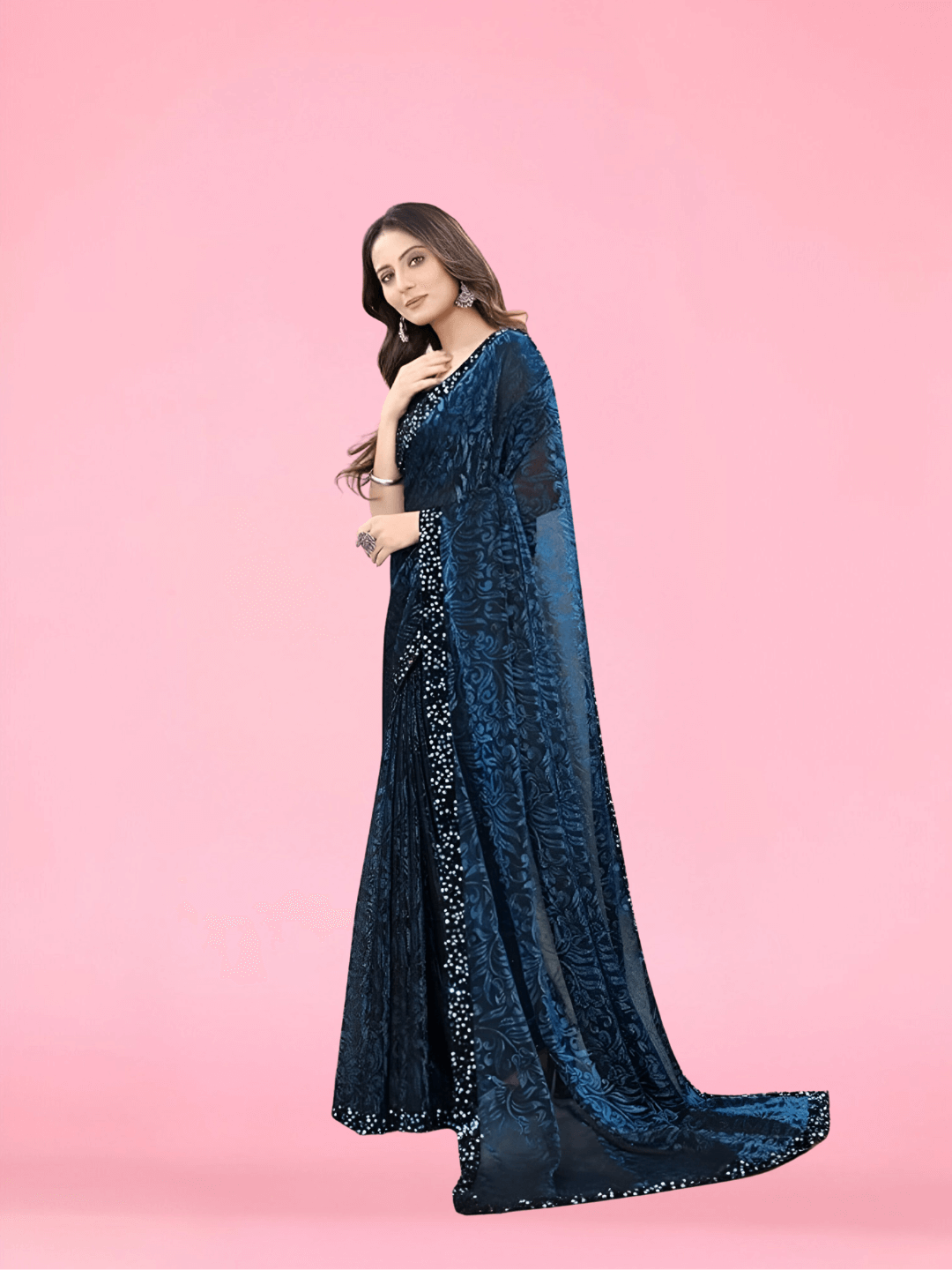 Liquid black border on navy saree – luxury trim detail