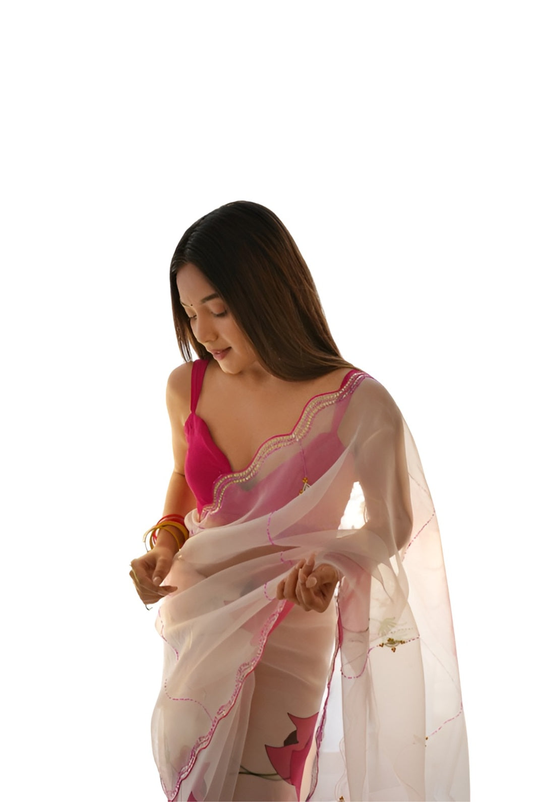 Close-up of floral design on white sheer organza