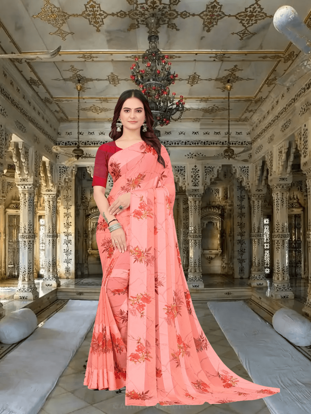 Close-up of satin patta fabric texture with floral prints