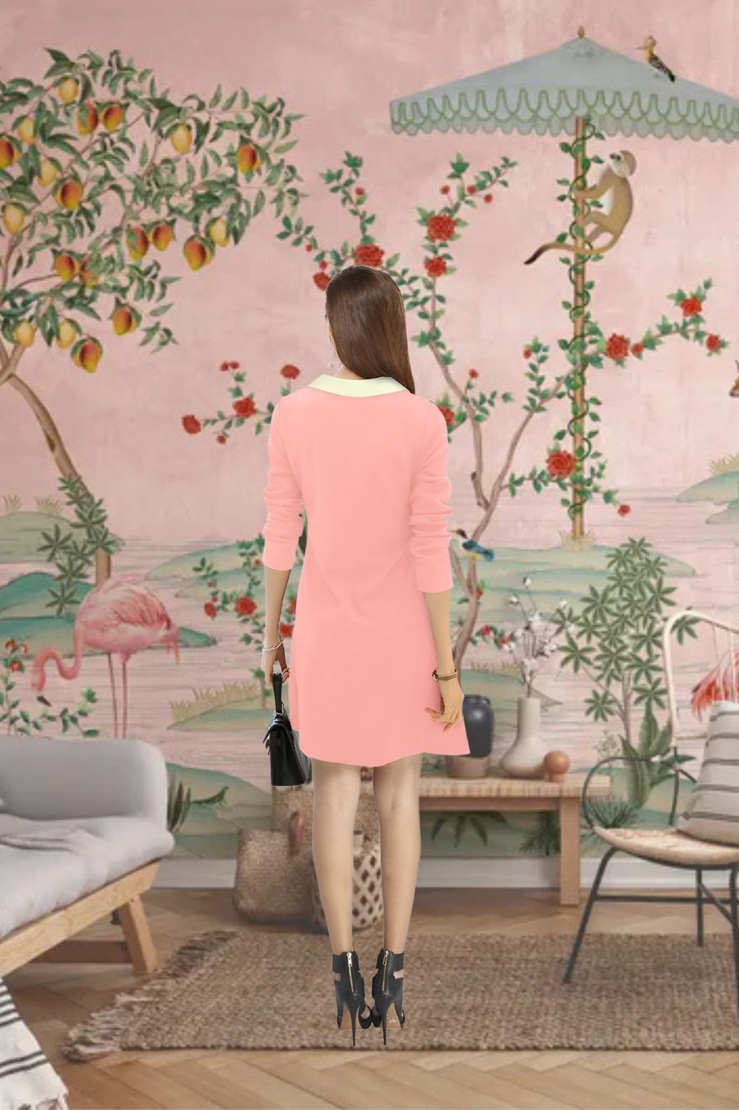 Back view showing sleek peach silhouette and white collar detail