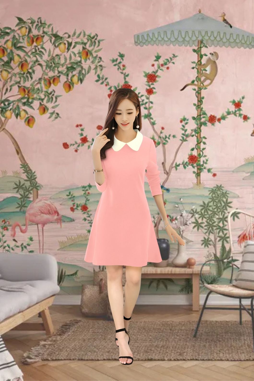 Model in peach monochrome dress with white collar – soft-toned palace backdrop