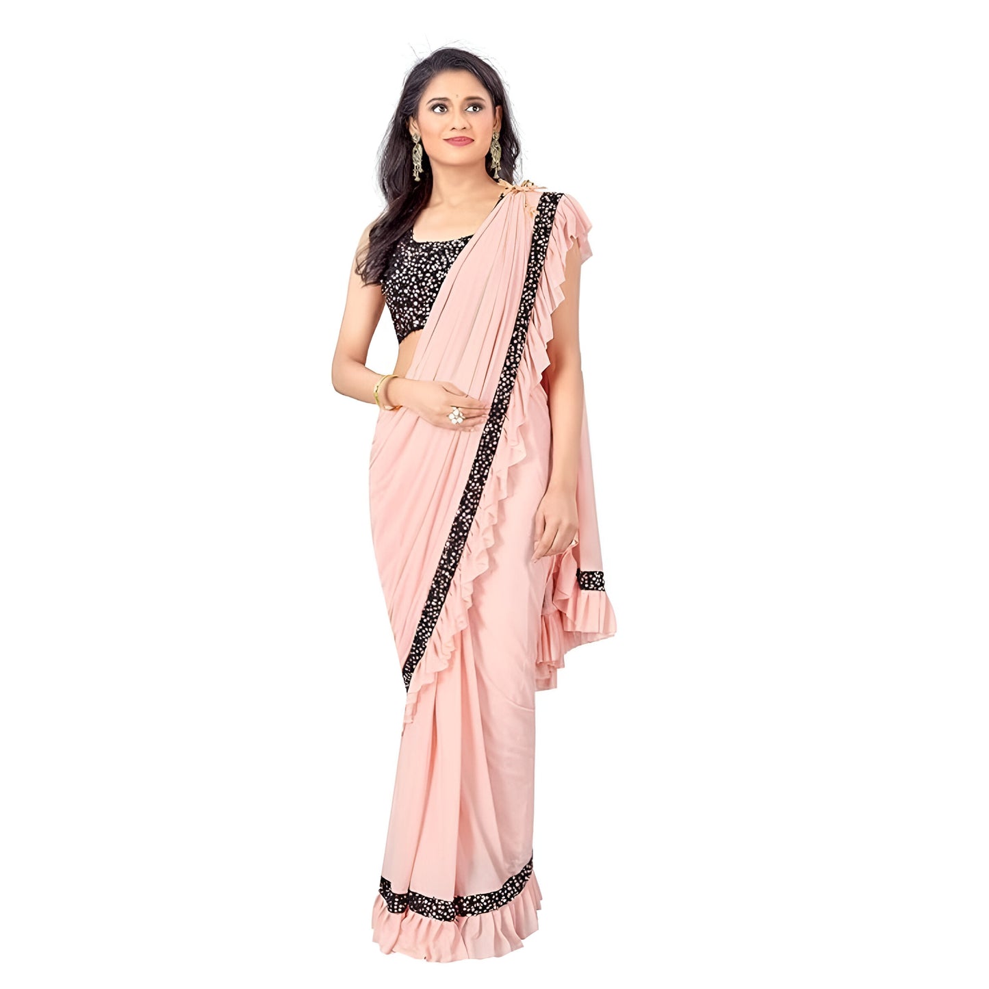 Professional woman wearing peach saree in corporate setting