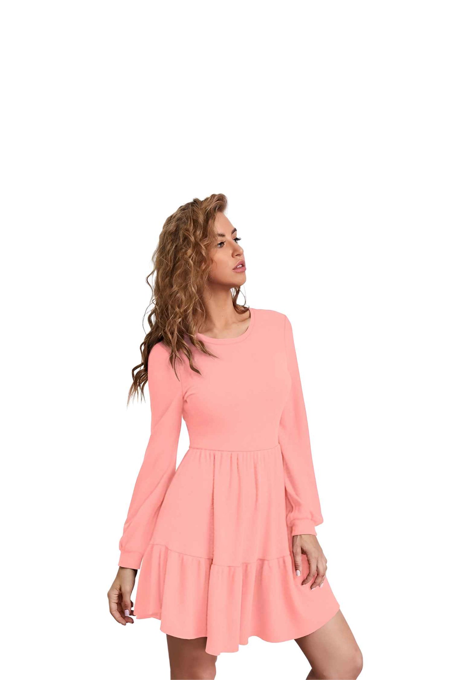 Side angle of Peach Serenade dress against a plain background, displaying its graceful silhouette