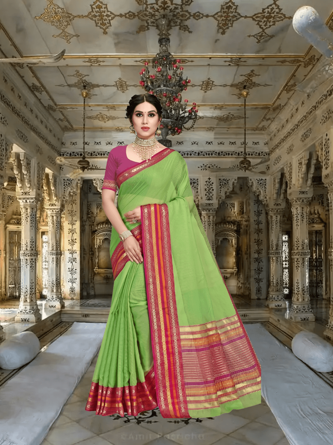 Side pose with soft drape, border glinting in gold-red-green accents
