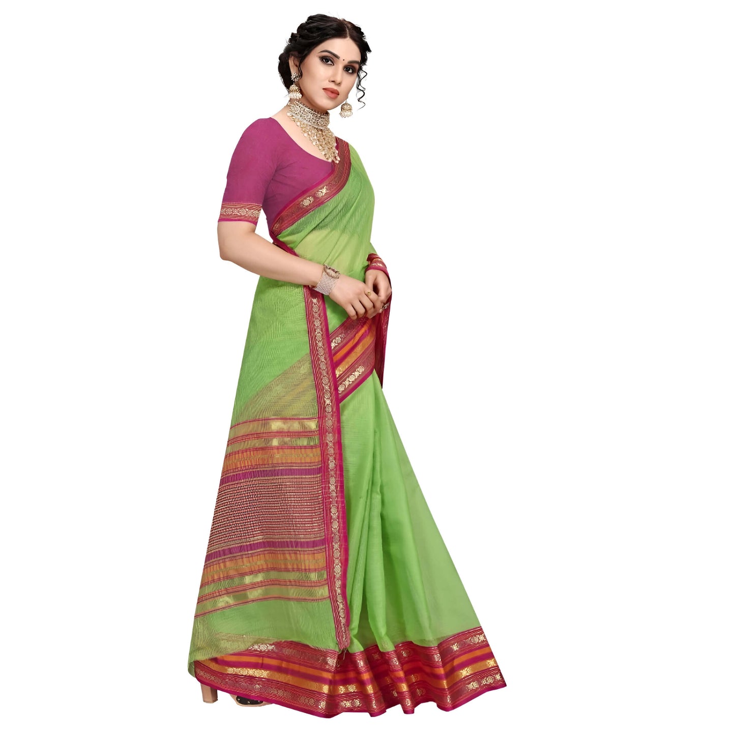 Blouse piece in pink shown with saree, forming vibrant contrast