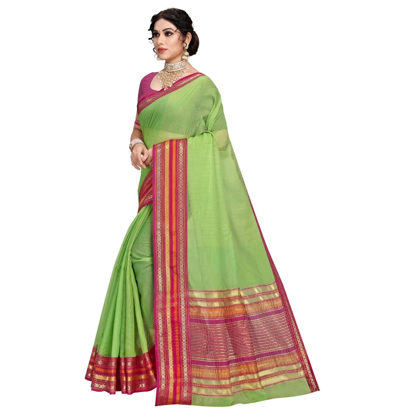 Saree neatly folded on clean background, tri-tone border displayed fully