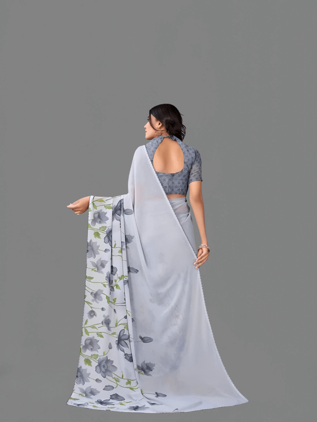 White floral georgette saree with grey blouse fabric – pure white backdrop