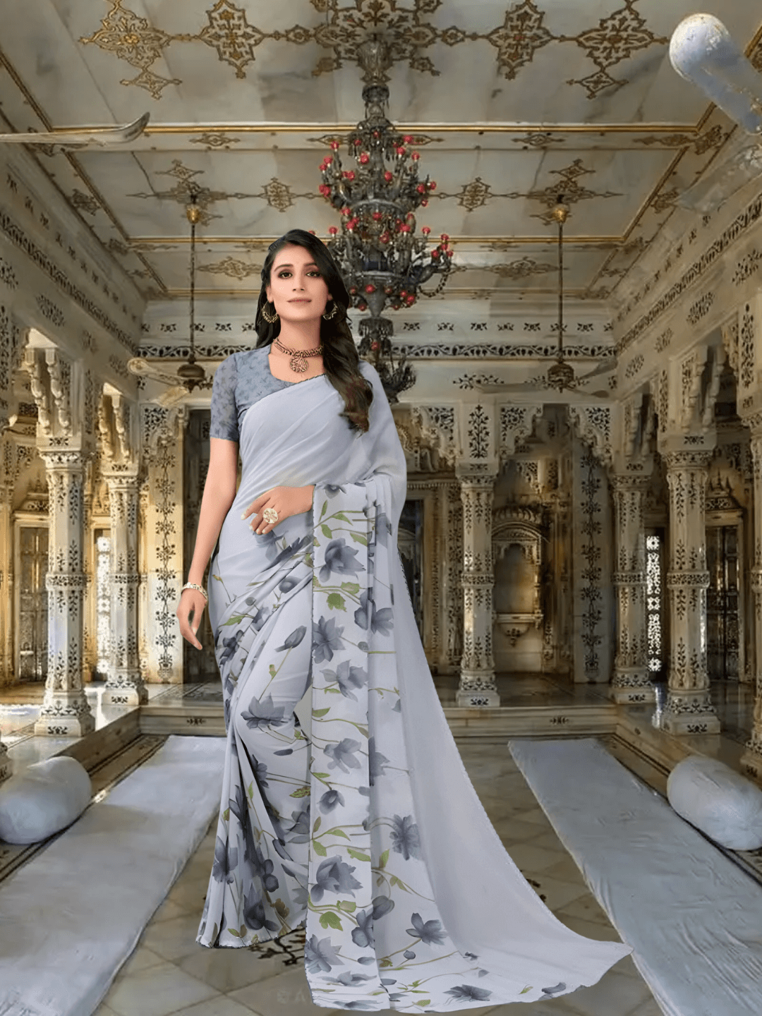 White floral georgette saree in blooming – ethereal elegance