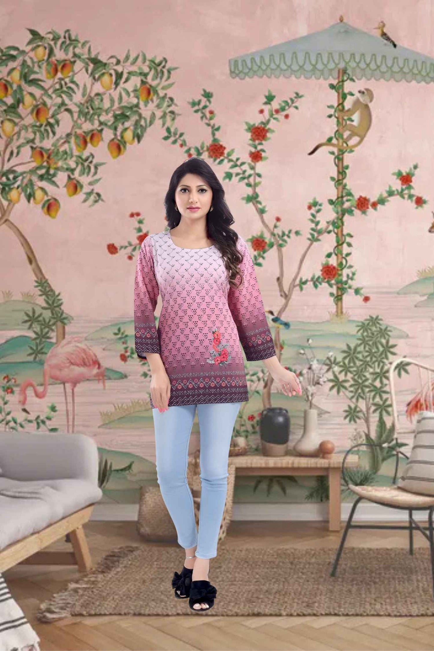 Front view amidst pomegranate trees, fabric glowing like stolen sunlight