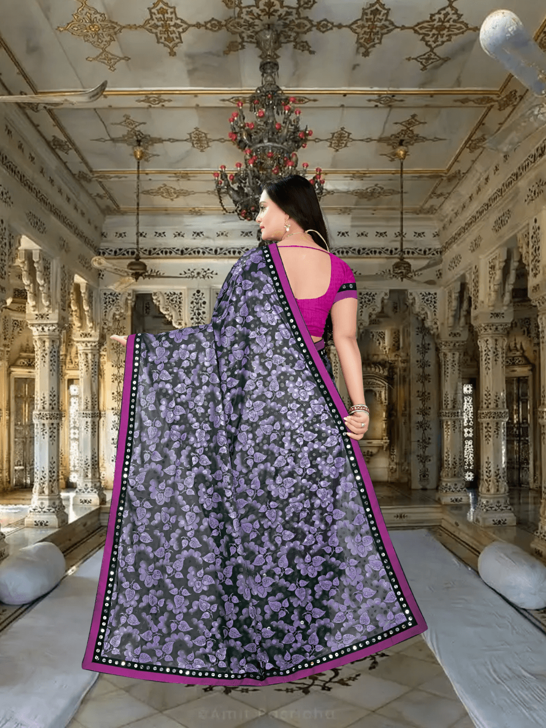 Macro of grey butterfly and floral patterns on navy lycra