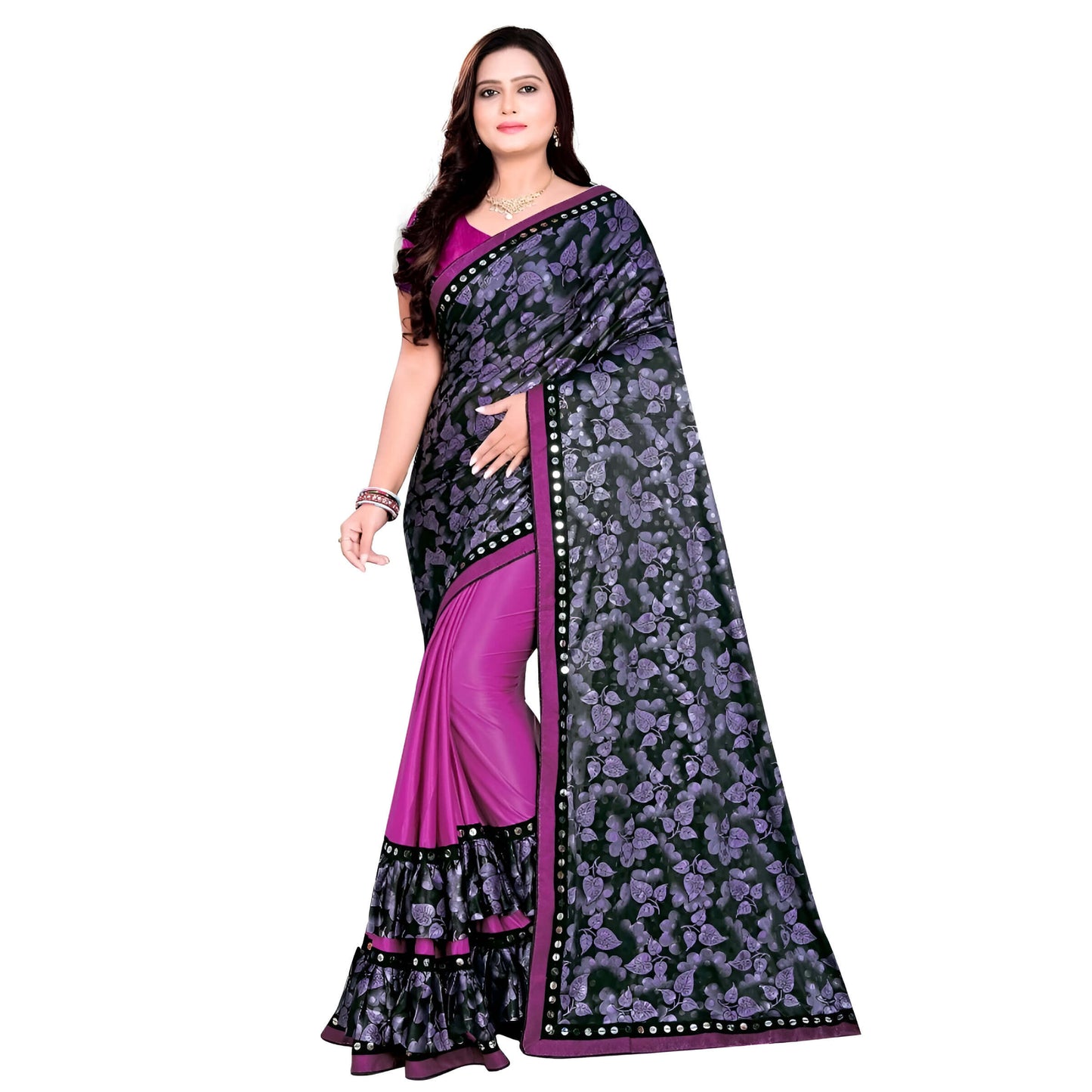 Pink-navy lycra saree flat lay showing color contrast