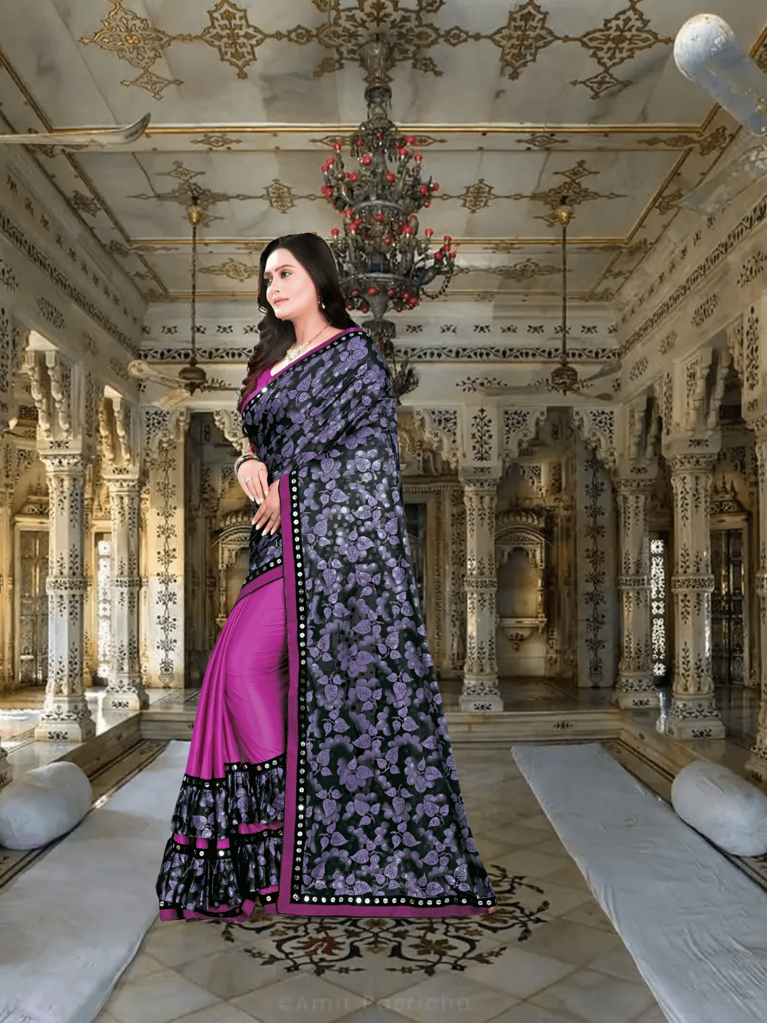 Pink-navy lycra saree in motion, grey butterflies appearing to take flight