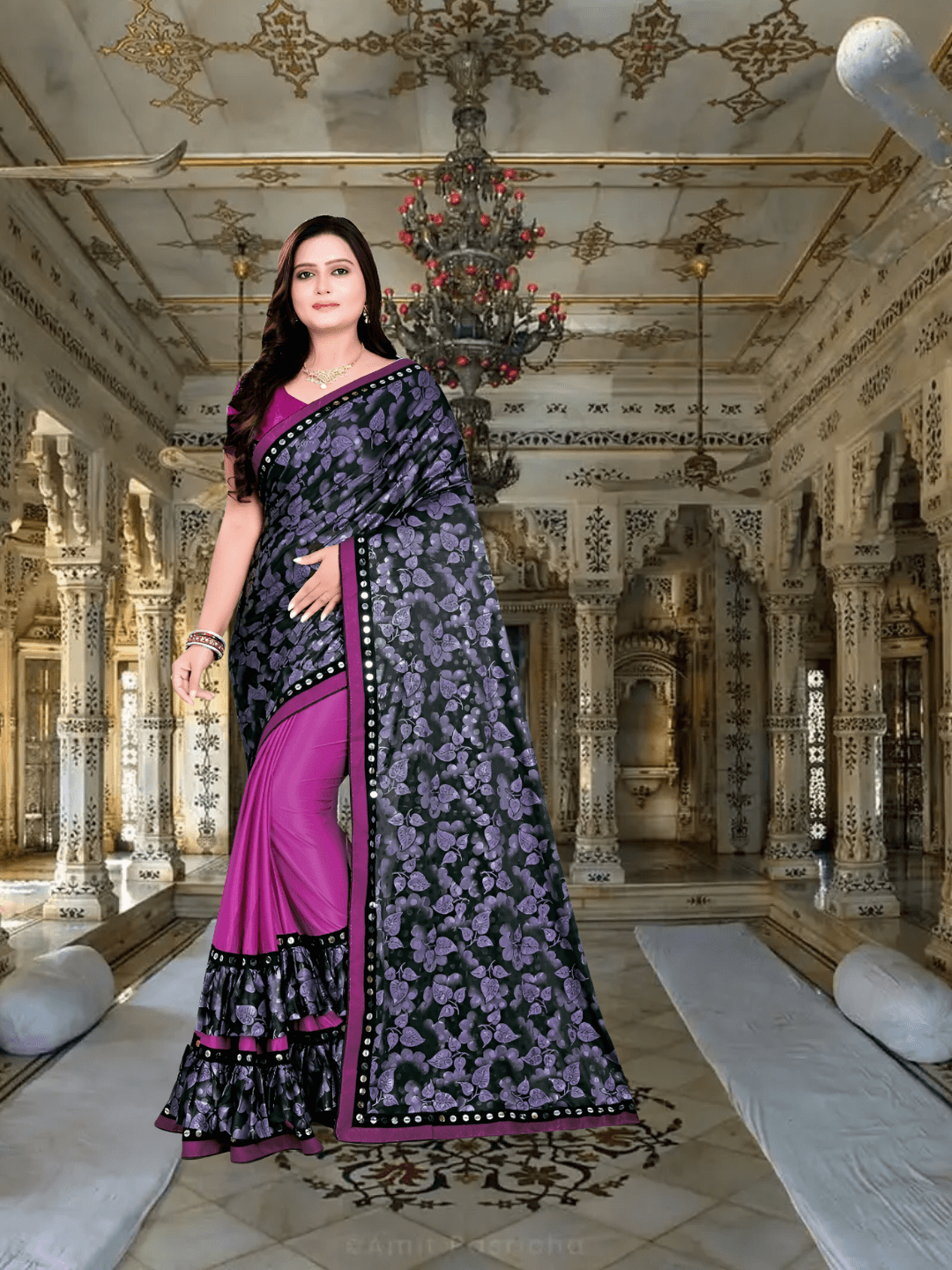 Pink-navy lycra saree in motion, grey butterflies appearing to take flight