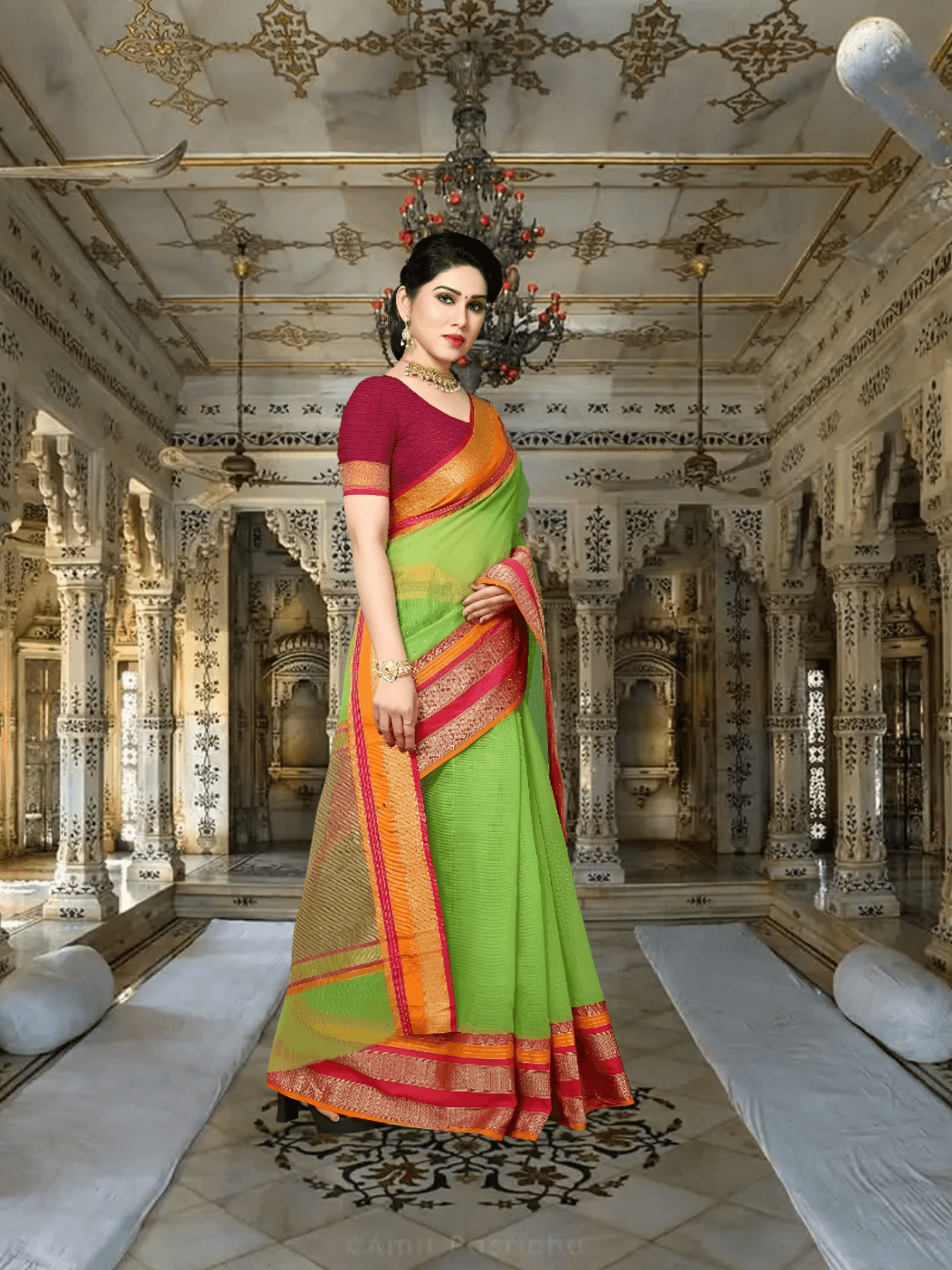 Seated pose near antique bench, pastel saree contrasting lush greenery backdrop