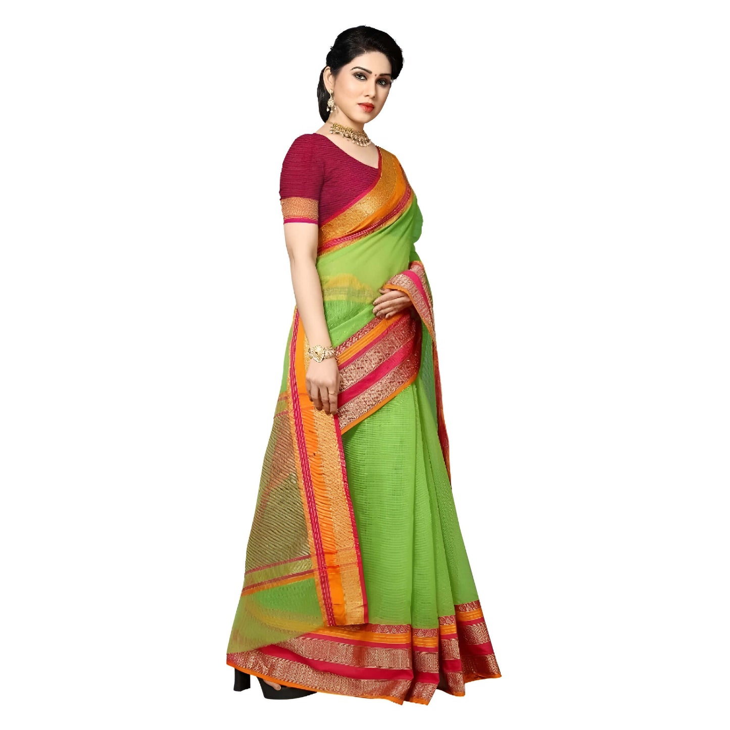 Light green Kota Doria saree with gold and pink borders draped on mannequin