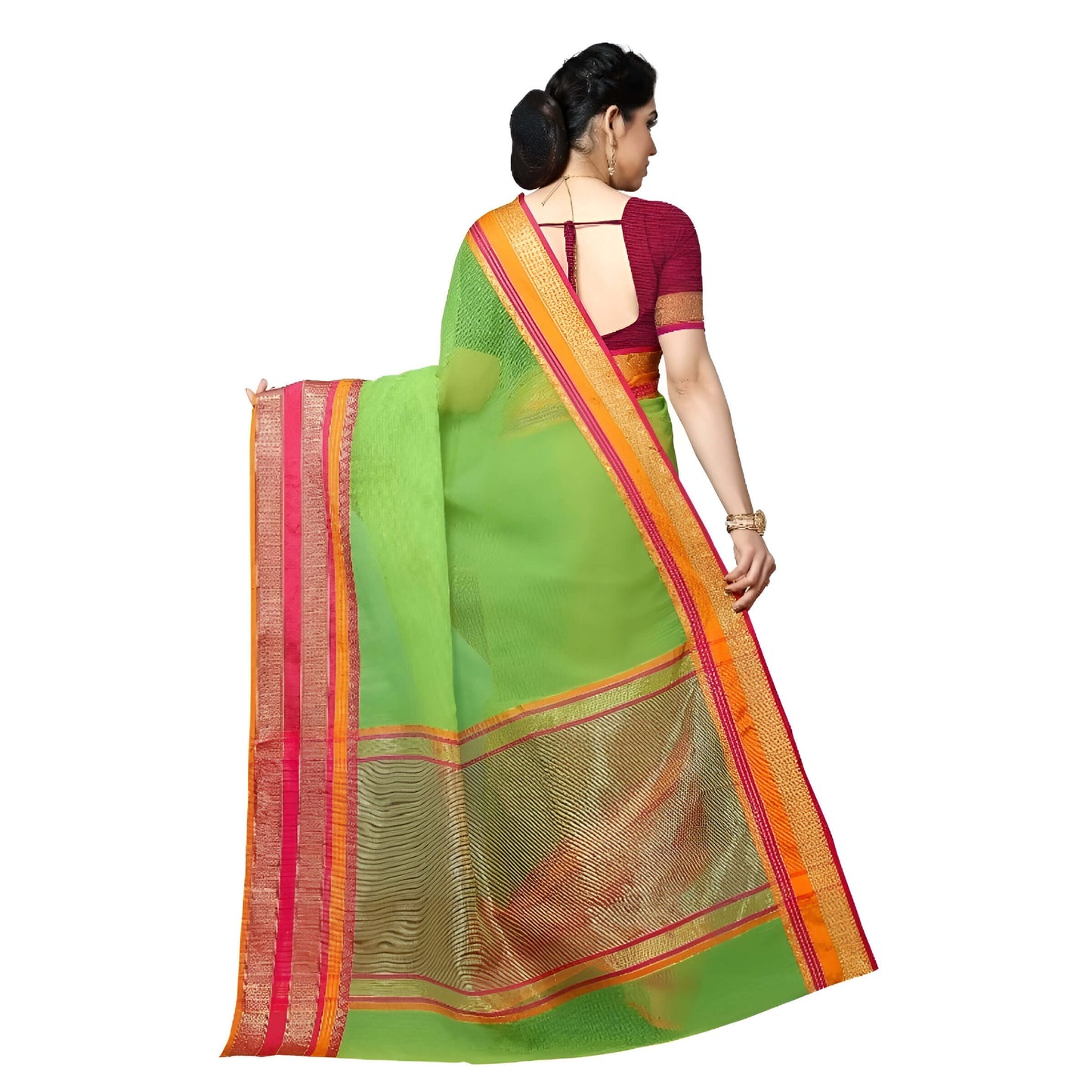 Airy pallu in soft green flowing with gentle checks and radiant pink-gold border