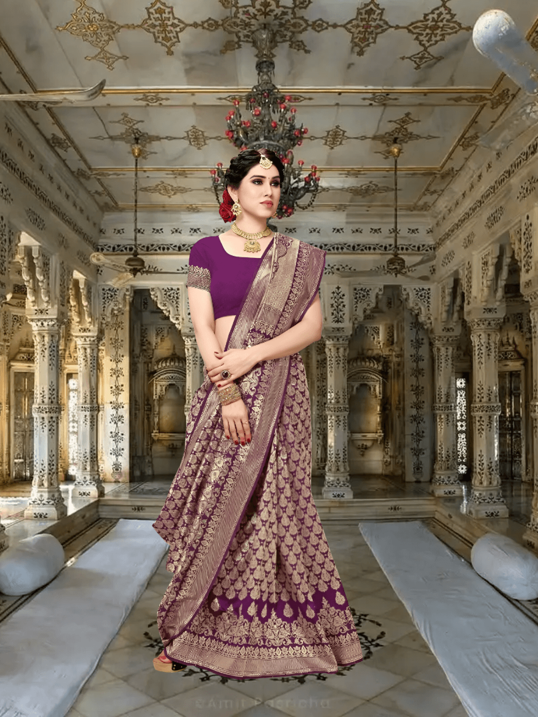 Back pose showcasing rich borders and saree drape, blending into royal ambience