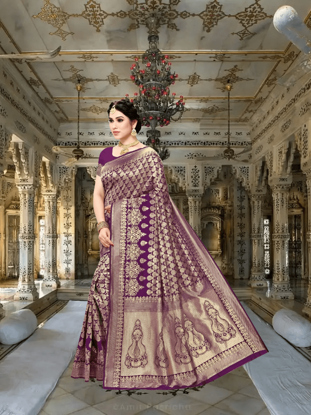 Model wearing jamun purple silk saree entering a palace-style hallway with glowing gold borders