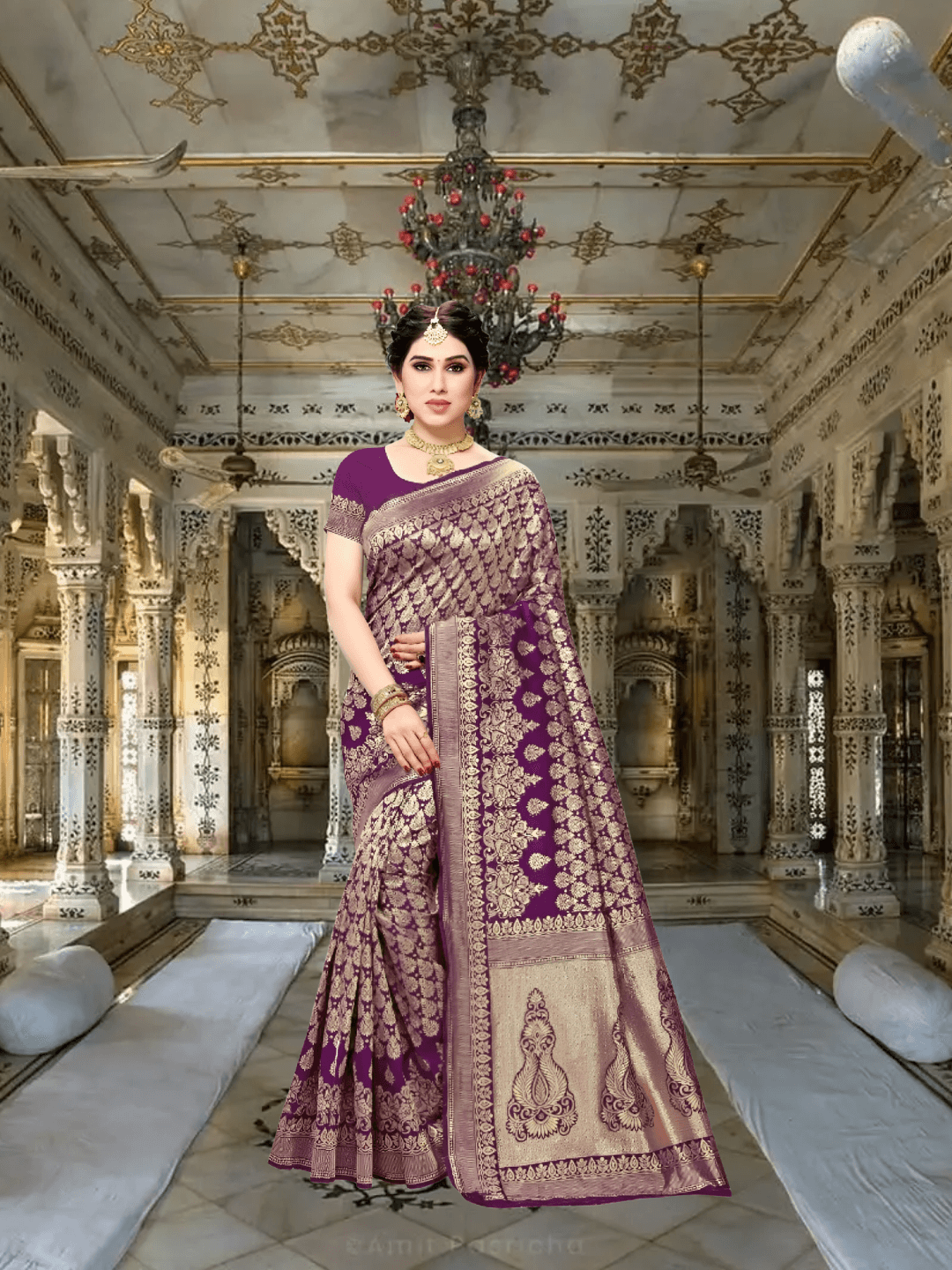 Model wearing jamun purple silk saree entering a palace-style hallway with glowing gold borders