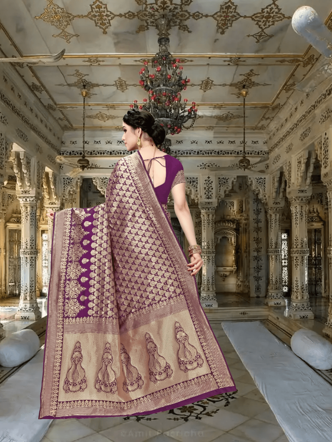 Close-up of intricate gold motifs on jamun silk, radiating regality