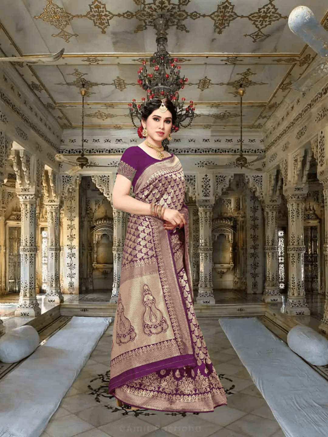 Saree in motion under vintage chandeliers, highlighting gold-threaded patterns