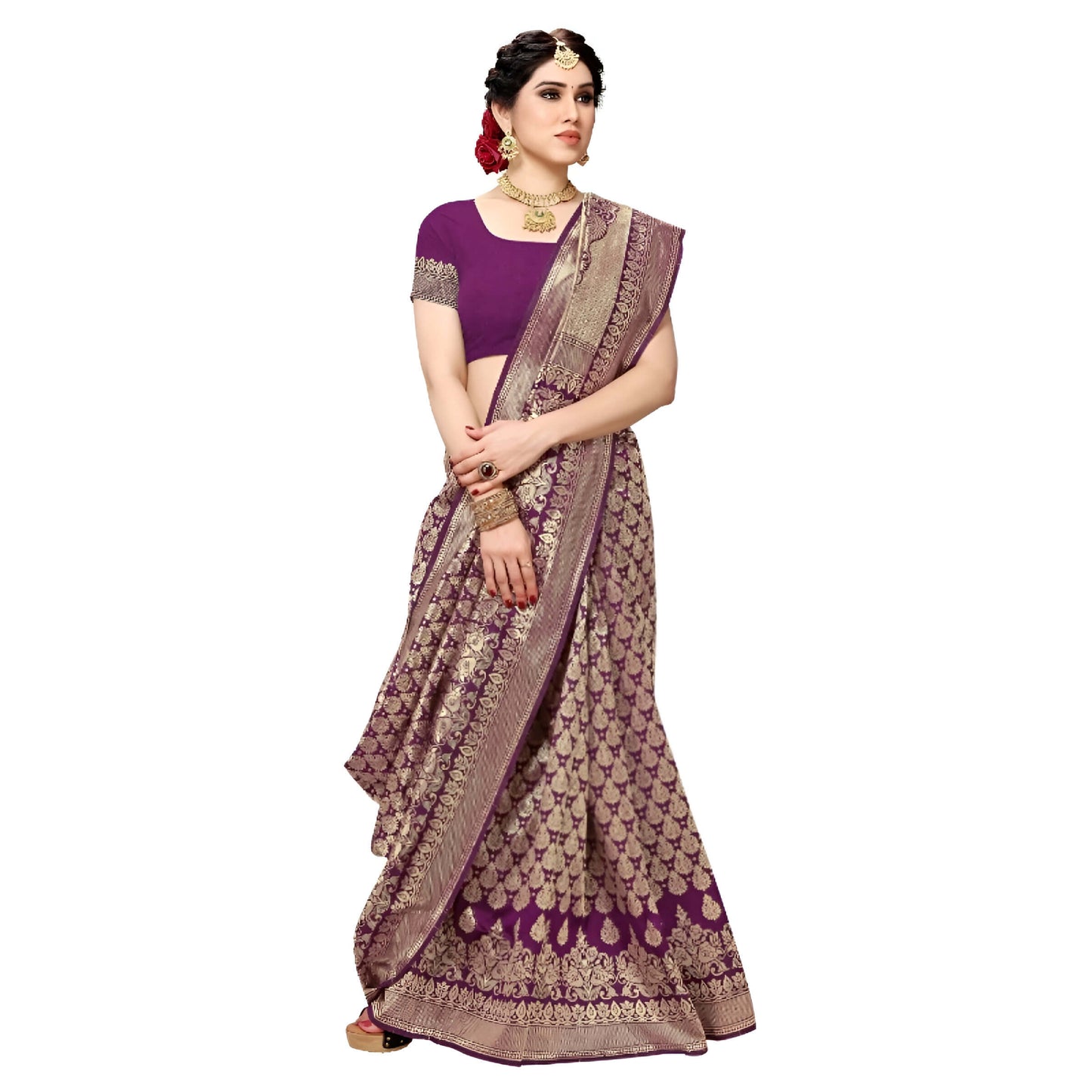 Model seated elegantly, folds of the saree forming royal waves