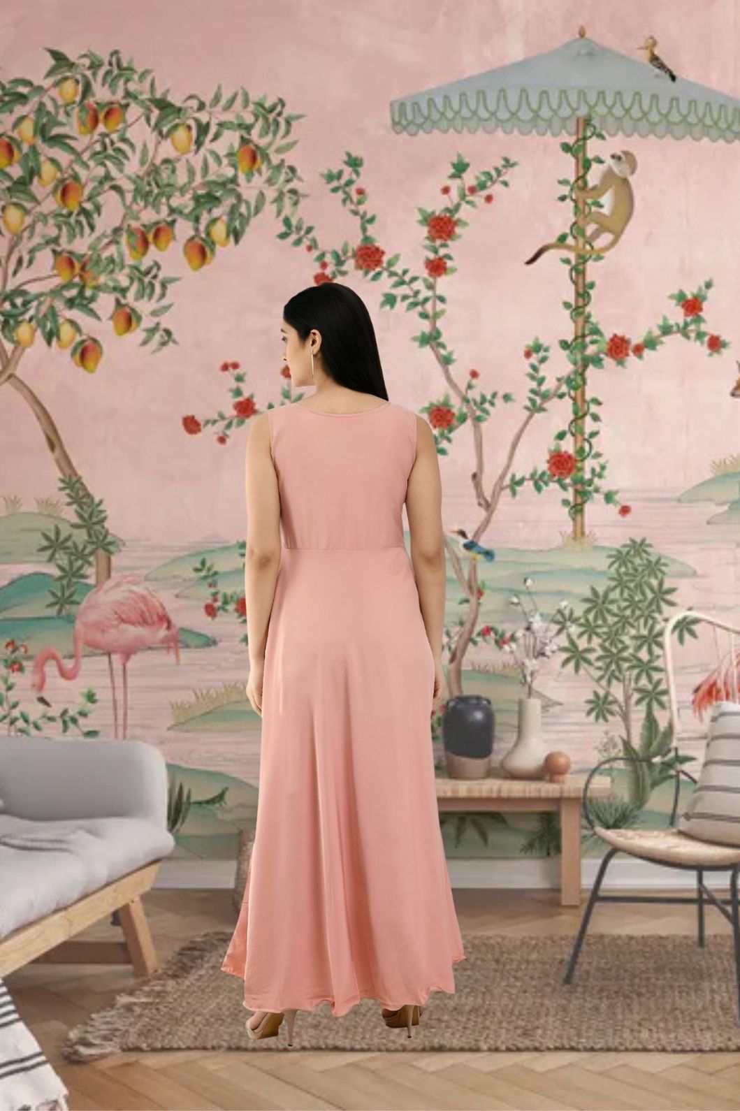 Back angle of CELESTINA light peach full-length gown