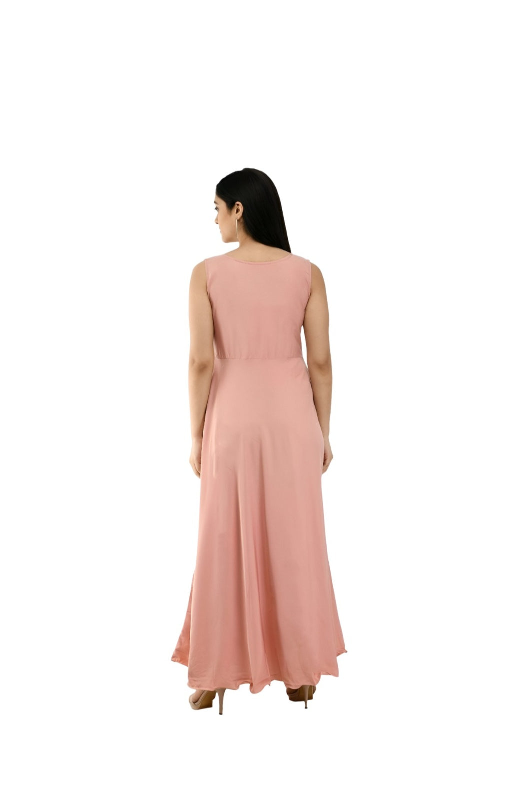 Back studio view of peach full-length women’s gown