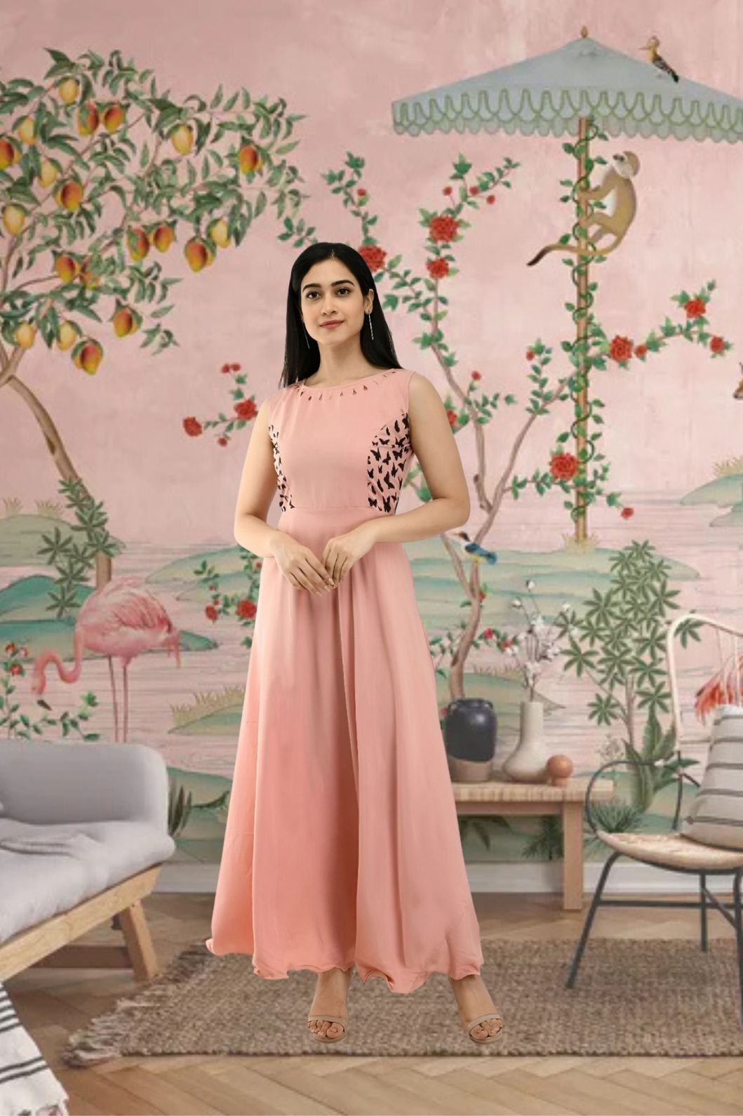 Front view of light peach sleeveless gown in palace setting