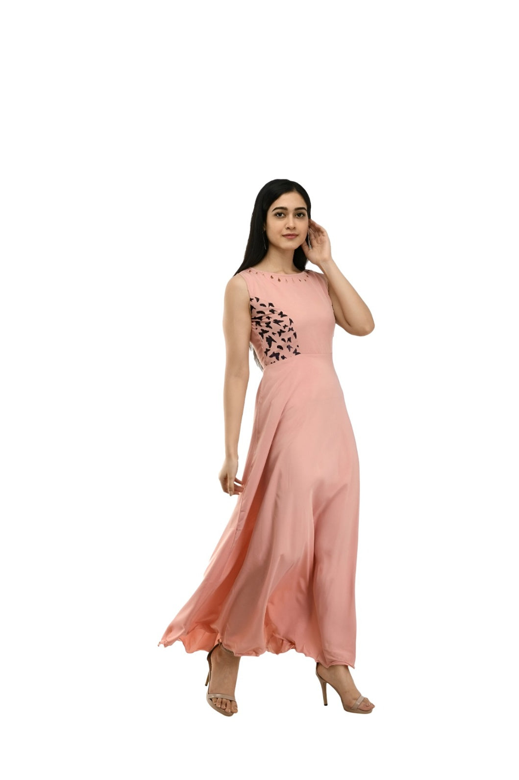 Left side studio image of CELESTINA peach sleeveless gown