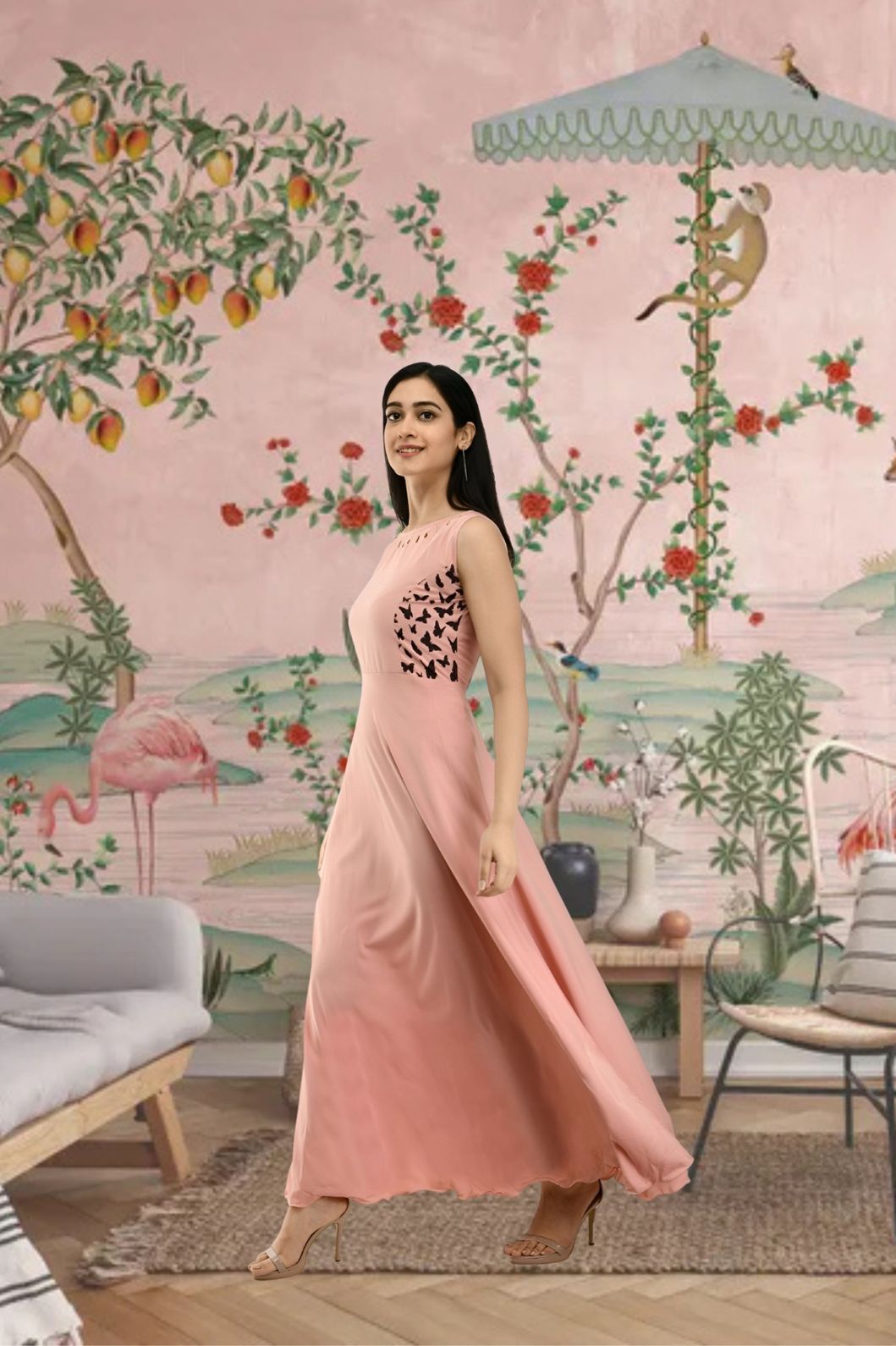 Right profile of soft peach gown with full-length silhouette