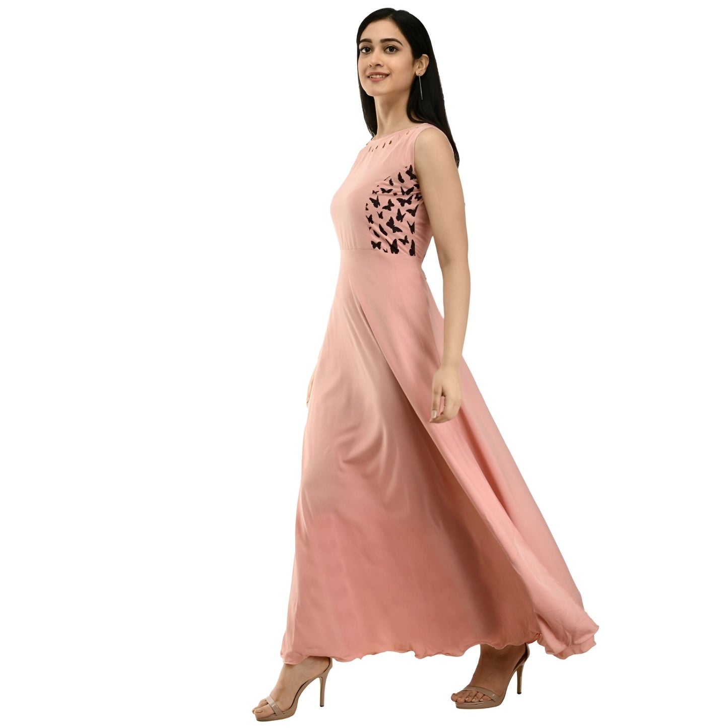 Right studio angle of light peach crepe full-length gown