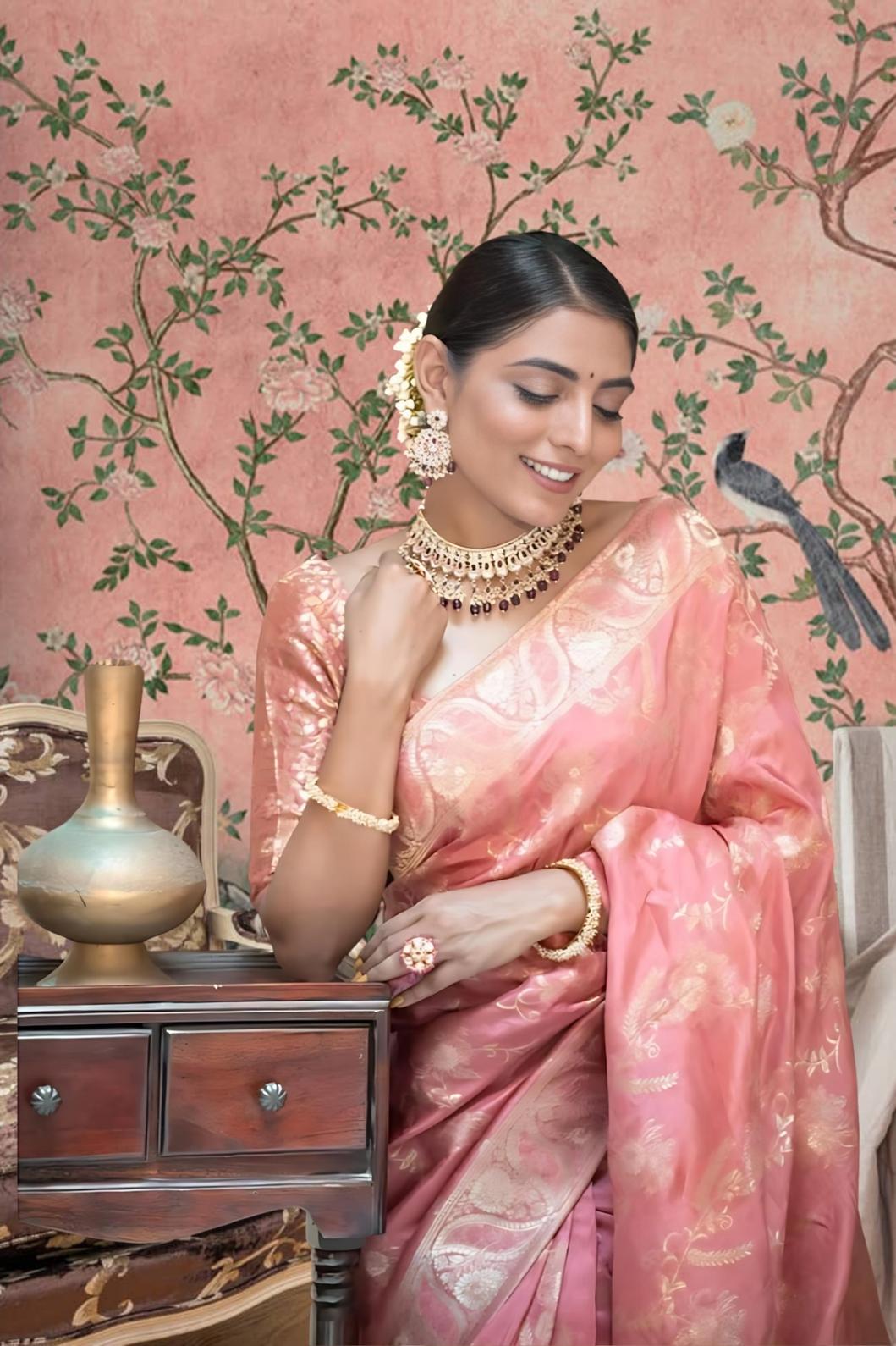 Front angle showing peach silk radiance in majestic setting