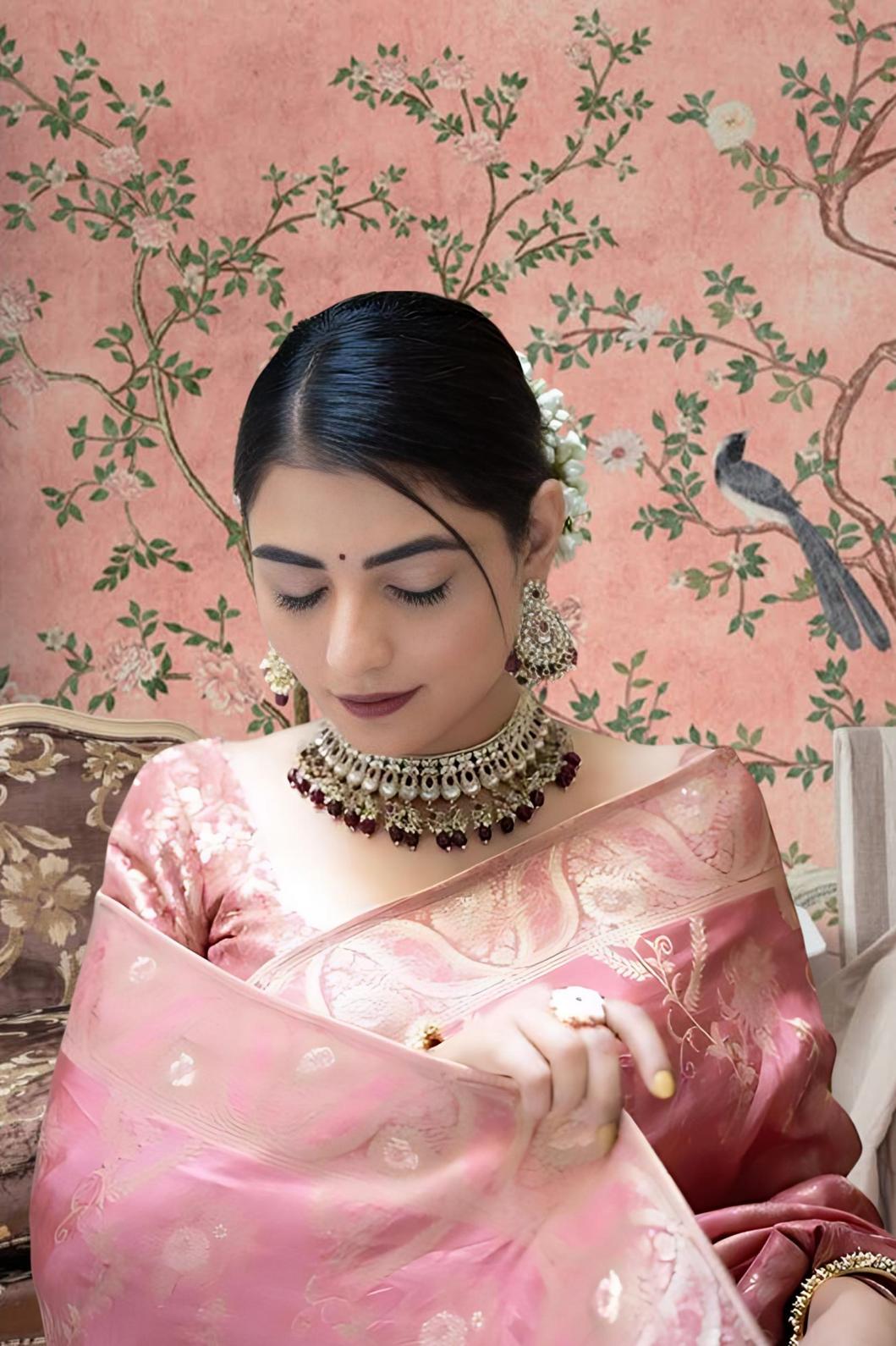 Pallu close-up in palace room glowing with embellishment