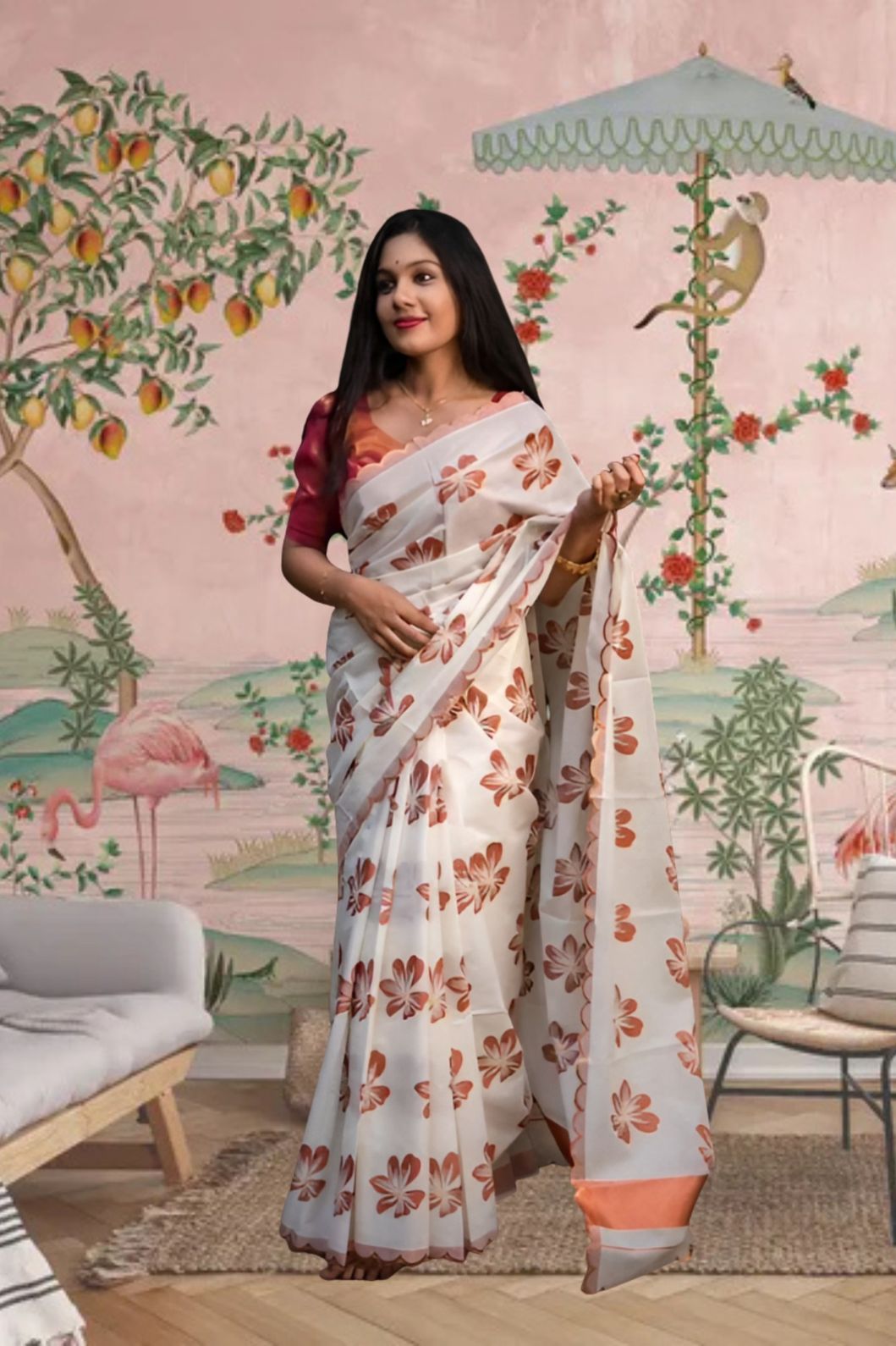 Front view of white-orange silk saree in a floral-themed palace backdrop