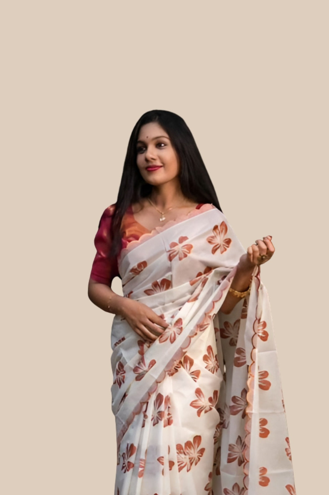 Studio front view of white-orange silk printed saree