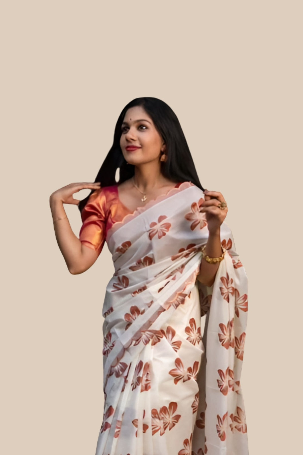 Studio front view of white-orange silk printed saree