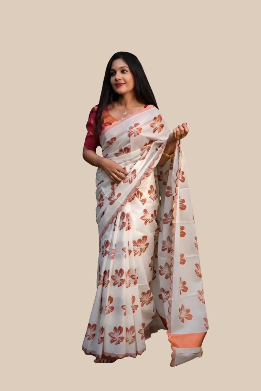 Studio front view of white-orange silk printed saree