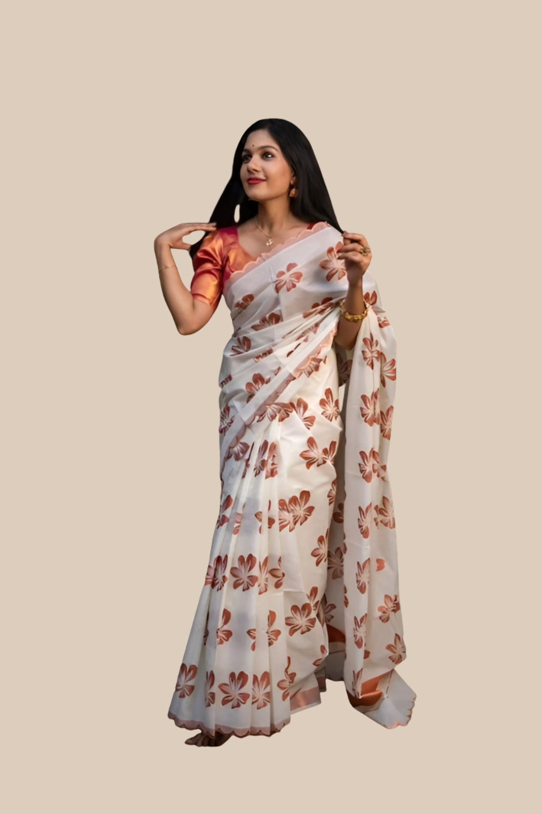 Studio front view of white-orange silk printed saree