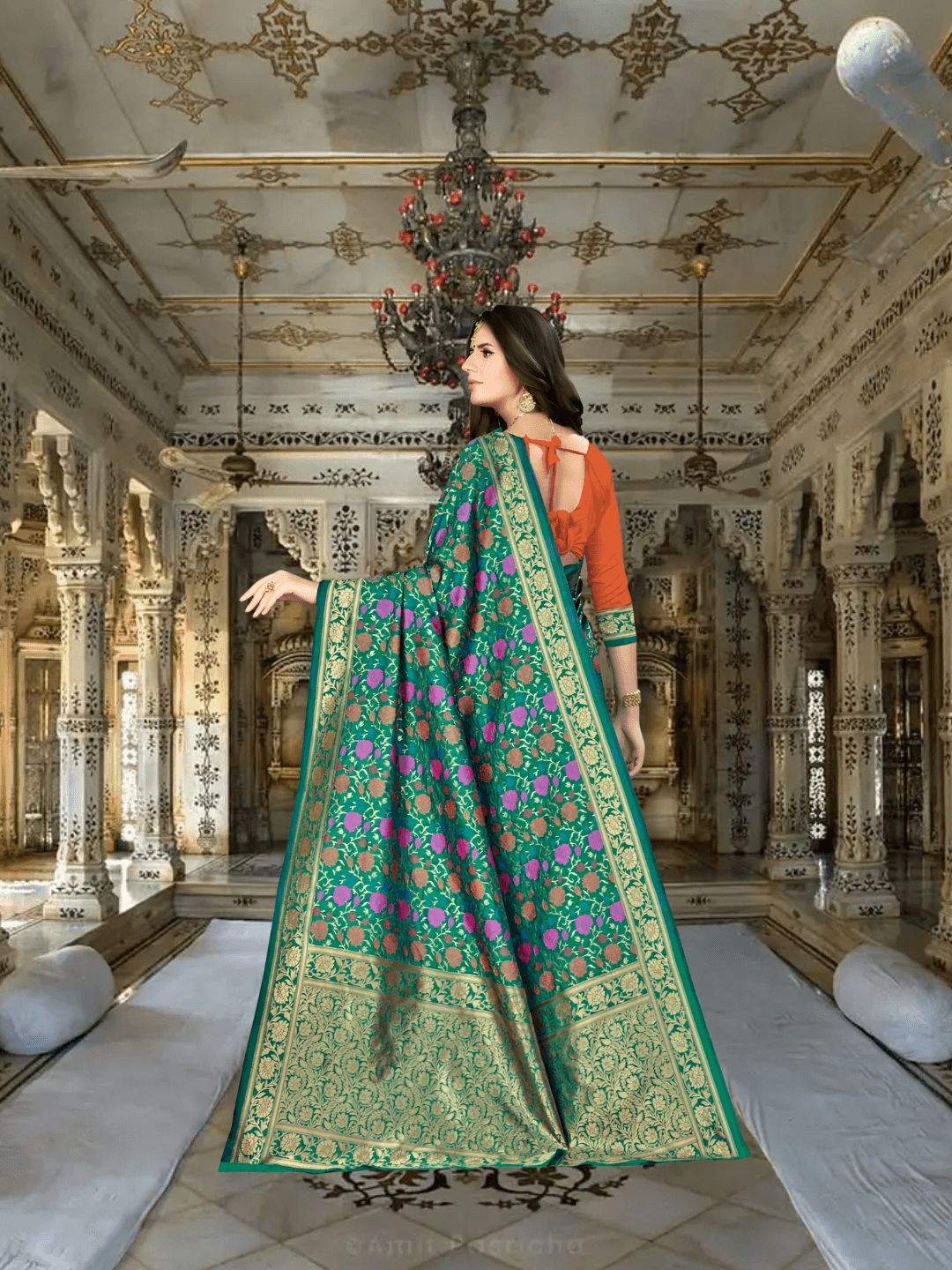 Golden abstract border design on green saree in royal setting