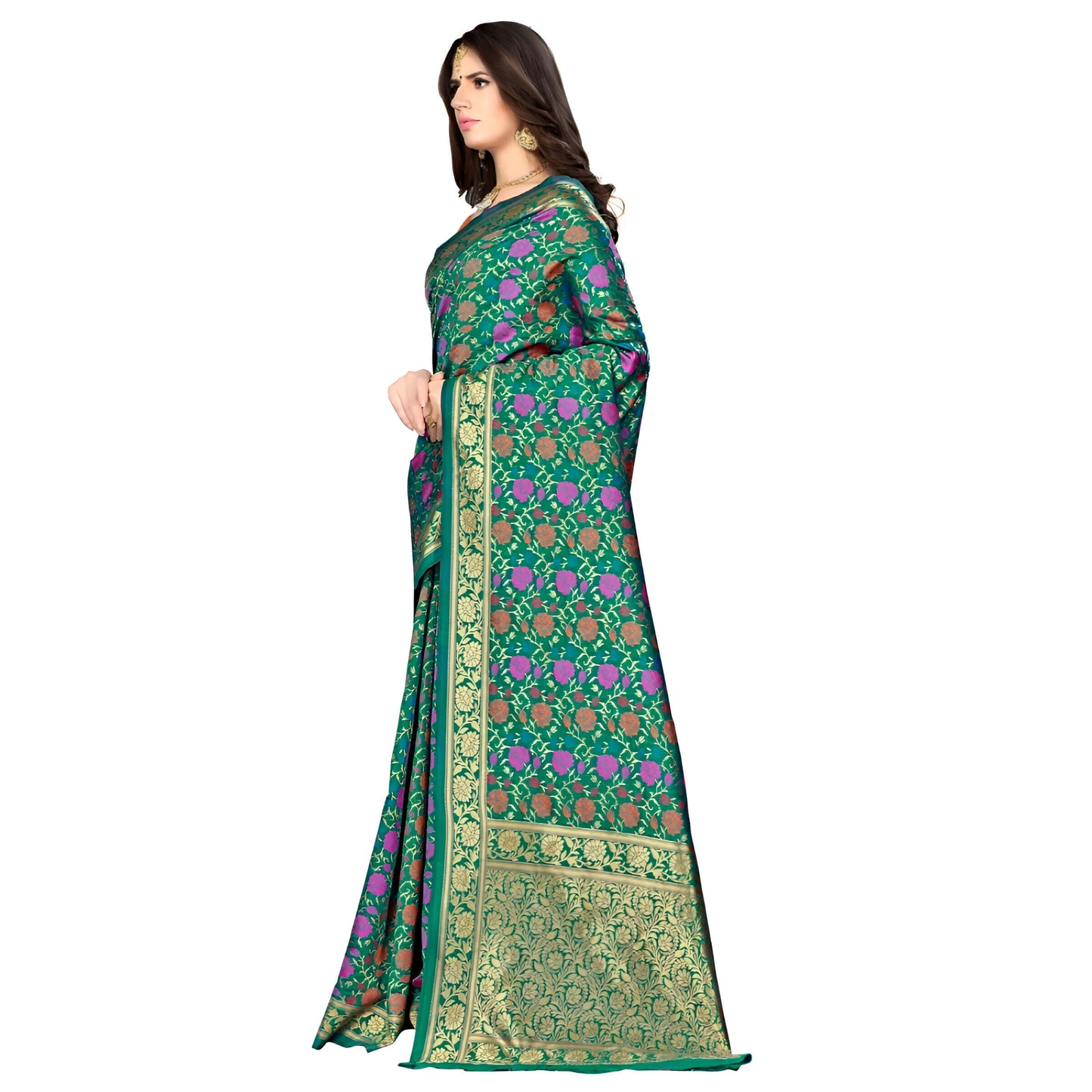 Full view of green Banarasi silk saree with pink and gold work
