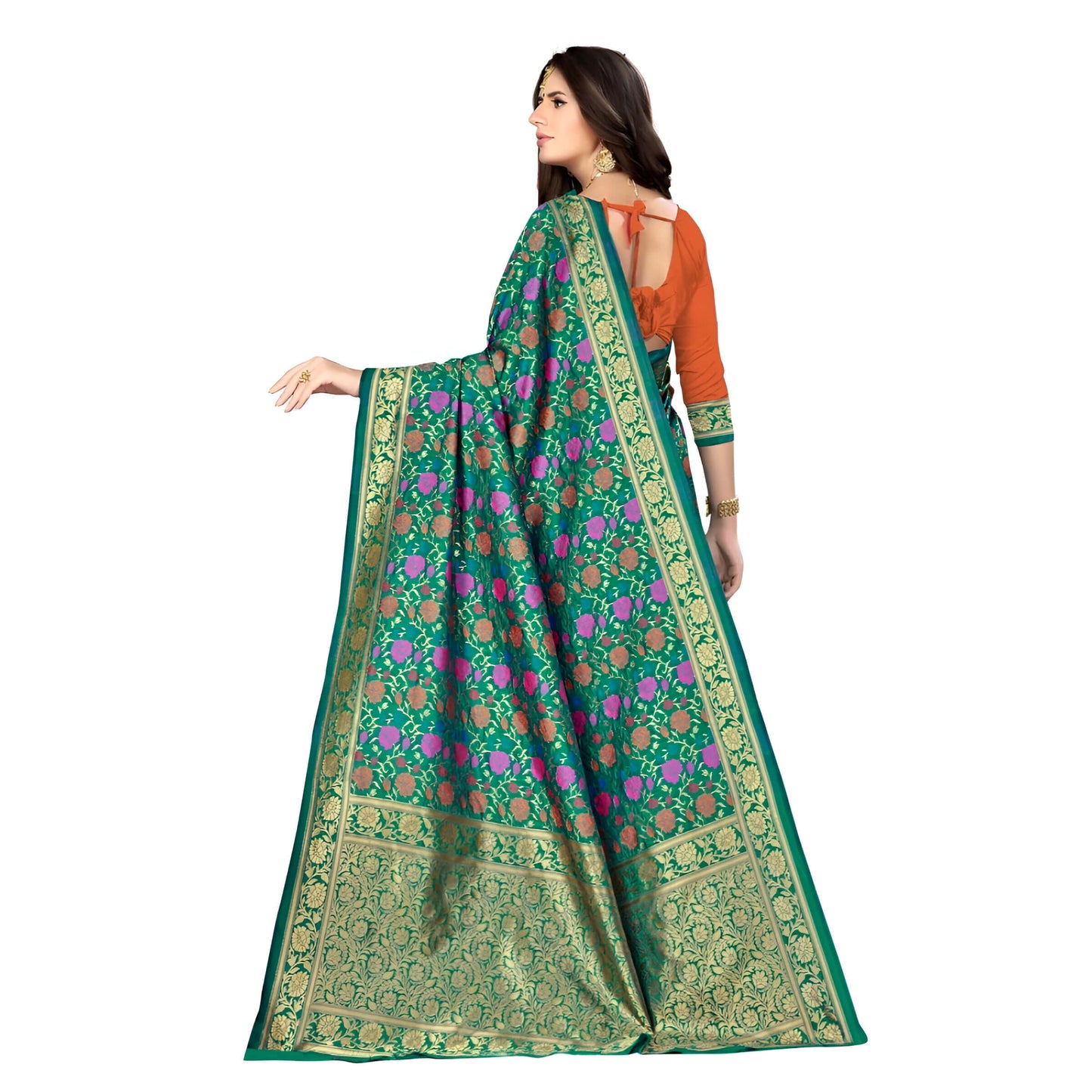 Pallu of green saree with floral pink prints and golden accents
