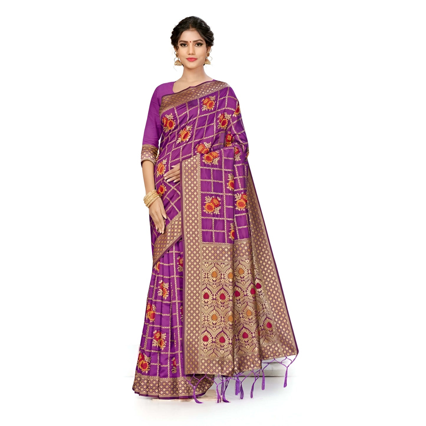 Purple Banarasi silk saree with golden checkered floral patterns on white backdrop